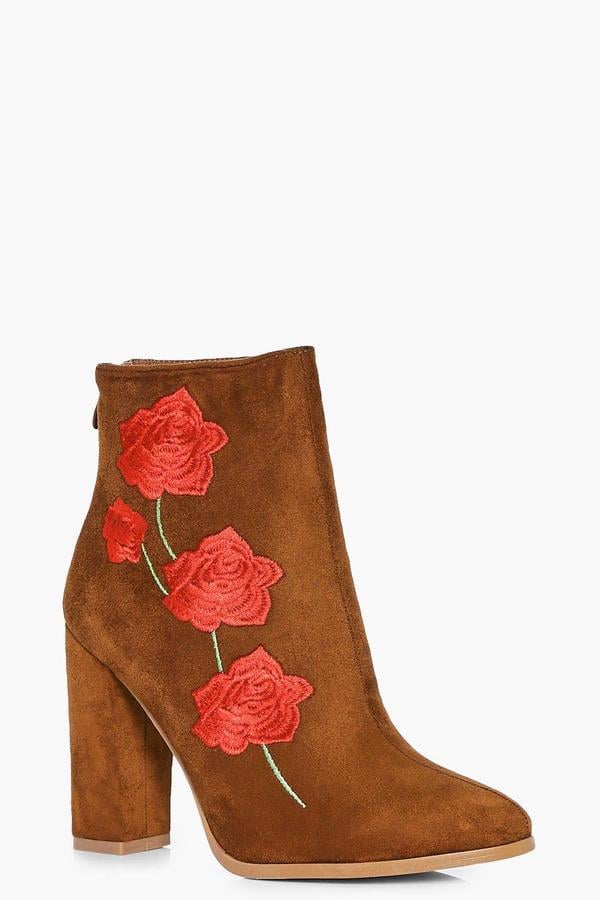 Boohoo Bella Floral-Stitch Block-Heel Boot