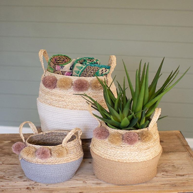Set of Seagrass Pom Pom Baskets