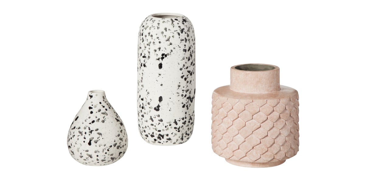 Pink small ceramic vase (20), tall white speckled vase (25), short