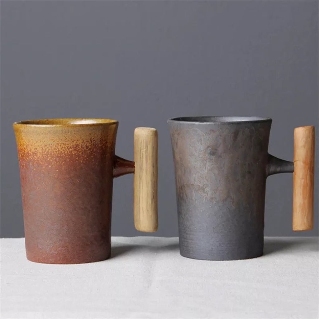 A Vintage Mug: Japanese Style Vintage Ceramic Mug with Wood Handle