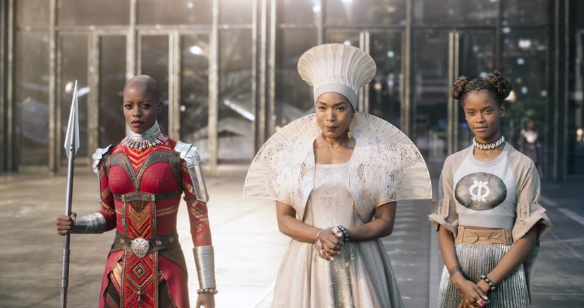 Florence Kasumba, Angela Bassett, and Letitia Wright in Marvel's Black Panther.