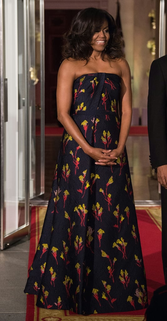 For the Canada State Dinner in 2016, Michelle wore this gorgeous embroidered Jason Wu dress, equipped with a subtle slit to show off her metallic sandals.