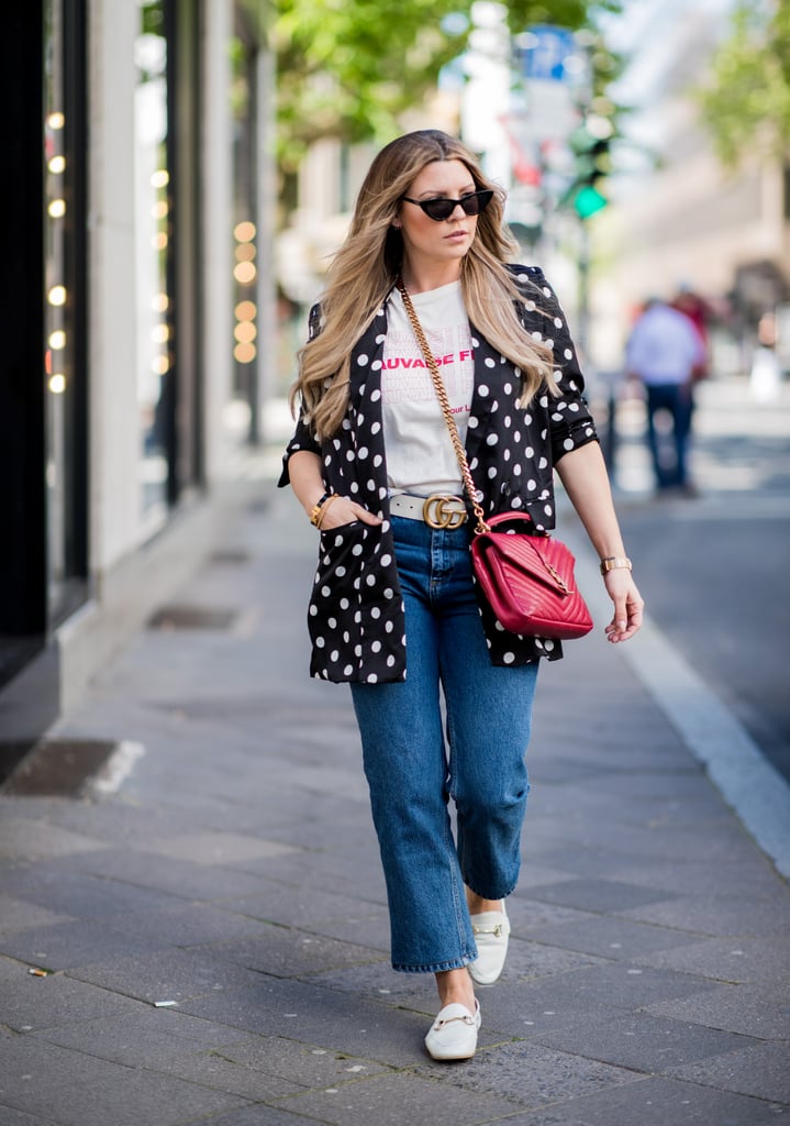 For relaxed, cool daytime style, wear with a belt, polka dot jacket, loafers, and crossbody bag.