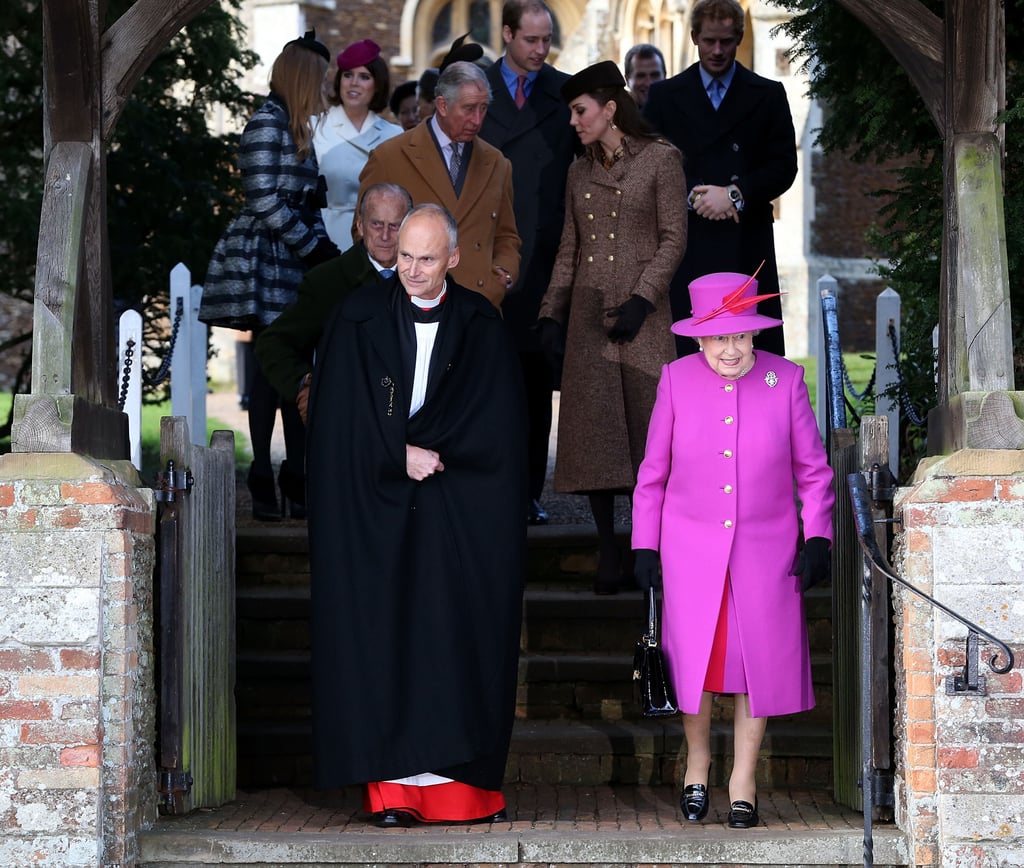 Prince Charles and Kate Middleton paired off to walk side by side among the royal family after Christmas services in 2014.