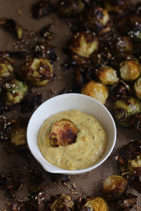 Crispy Sesame Brussels Sprouts with Creamy Curry Dipping Sauce