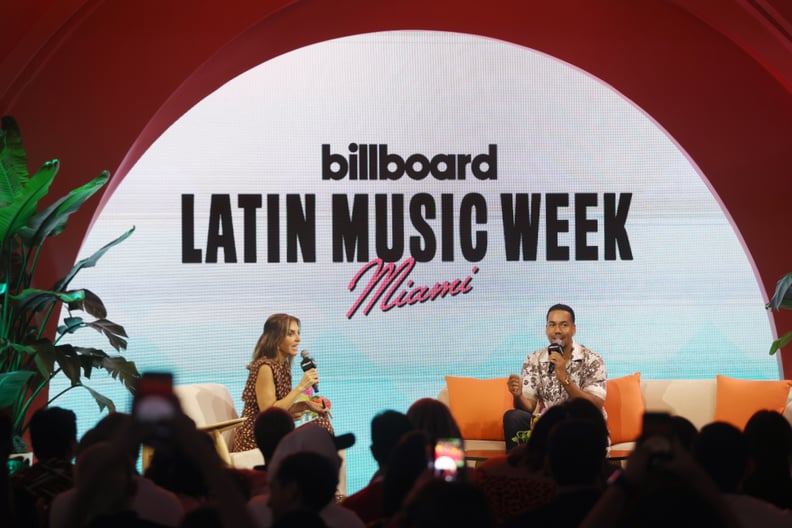 MIAMI BEACH, FLORIDA - SEPTEMBER 27: Journalist Leila Cobo and musical artist Romeo Santos attend the panel discussion 