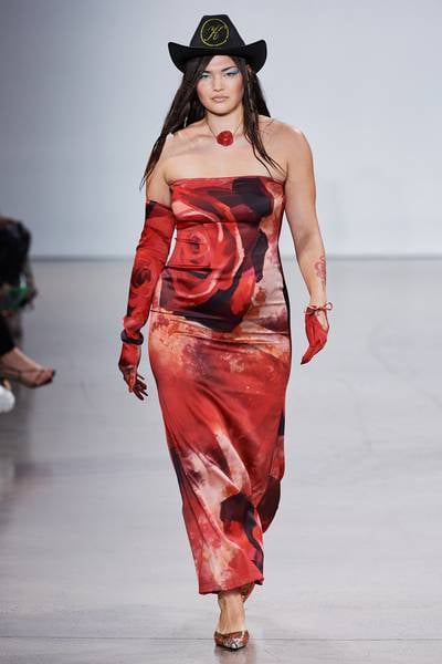 Kim Shui Red Rose Silk Tube Gown and Gloves