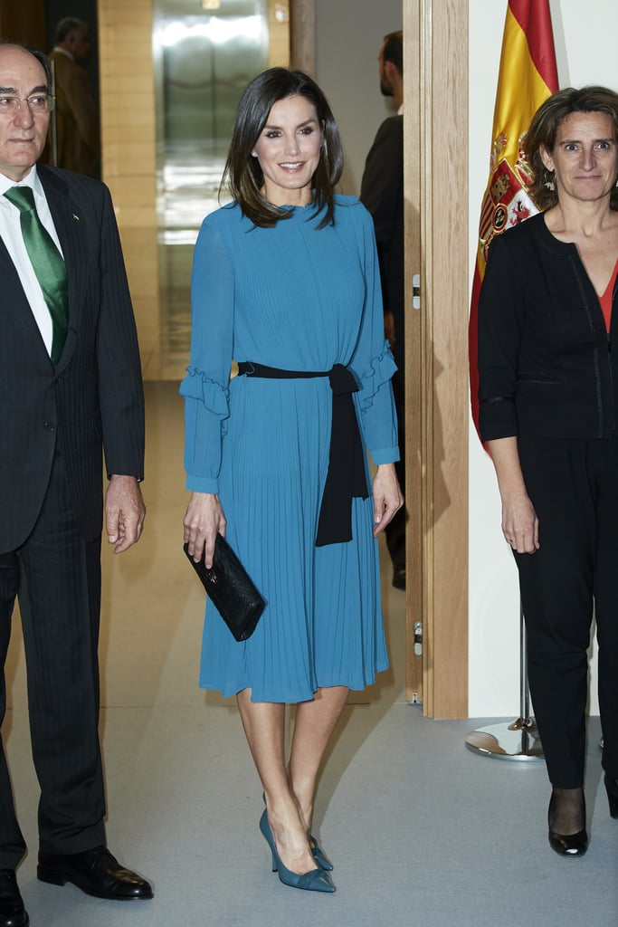 Letizia Styled Her Zara Design With Teal Pumps and a Black Clutch