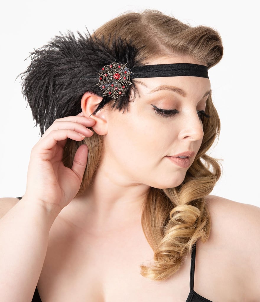 1920s Style Black Feather Spider Web Headband