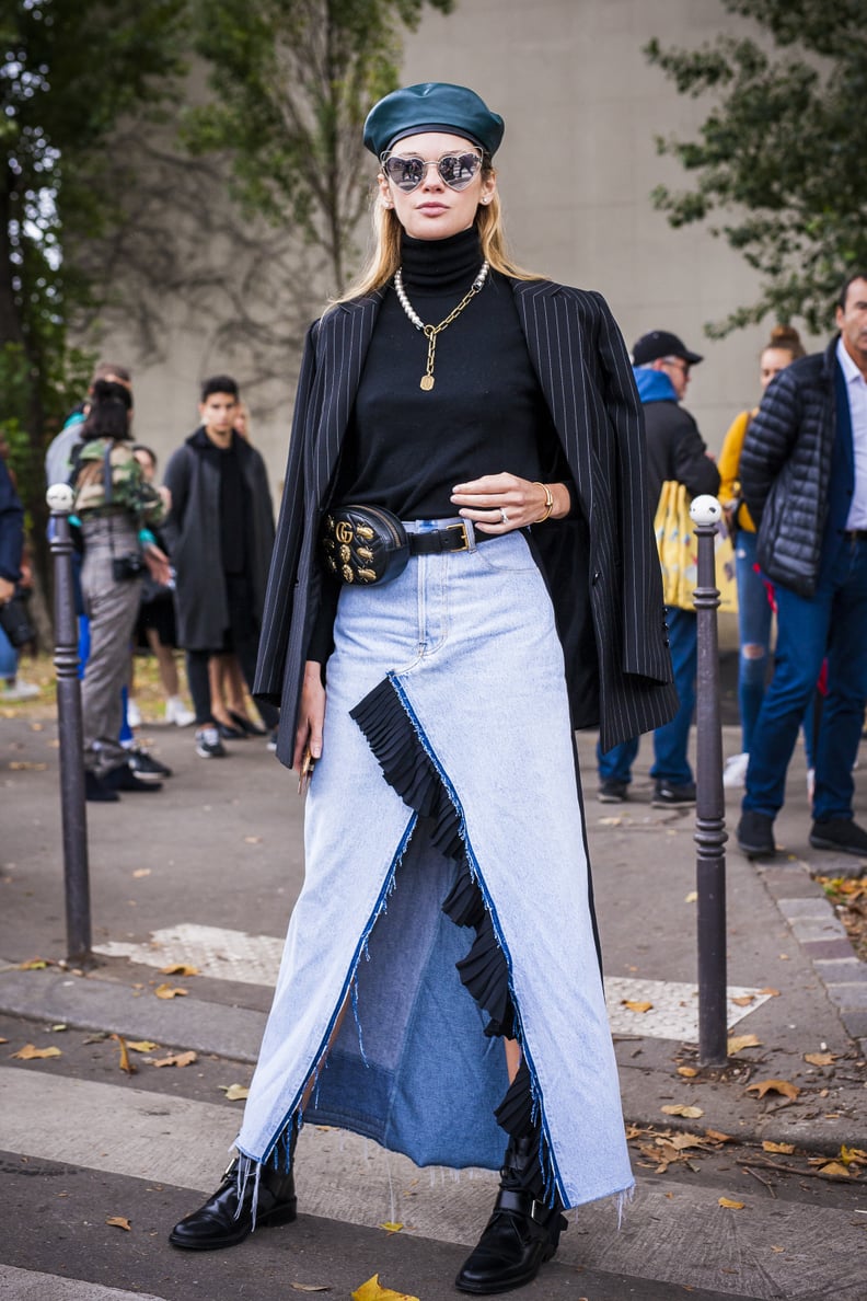 Style One With a Long Denim Skirt, a Turtleneck Sweater, and a Beret