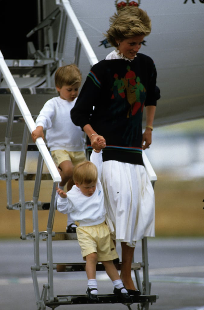 Princess Diana arrived with matching sons Prince William and Prince Harry at Aberdeen Airport in August 1986.