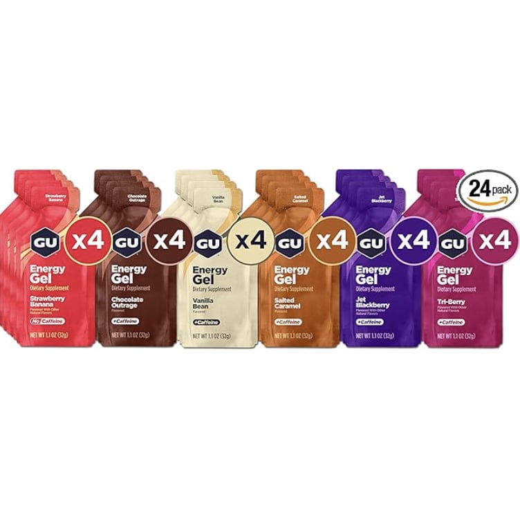 GU Energy Original Sports Nutrition Energy Gel ($49)
Every runner has a different method of fueling when they're on their long runs, from salt tablets to energy gels, but I love the boost of caffeine GU provides me. My favorite original flavors have to be Chocolate Outrage and Salted Caramel. Any time I'm tacking on more than seven or so miles, I take an energy gel with water when I'm 45 minutes into my run, then every 30-45 minutes after. These are lightweight and easy to carry in a pocket or waistband. They're also vegan and gluten- and dairy-free.