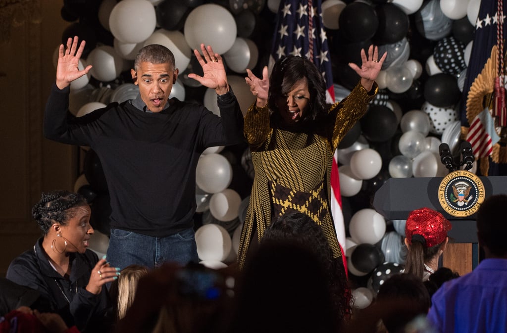 We've been blessed with Barack's epic dance moves before, but his routine to Michael Jackson's "Thriller" with Michelle at their last White House Halloween party in 2016 was hilarious.