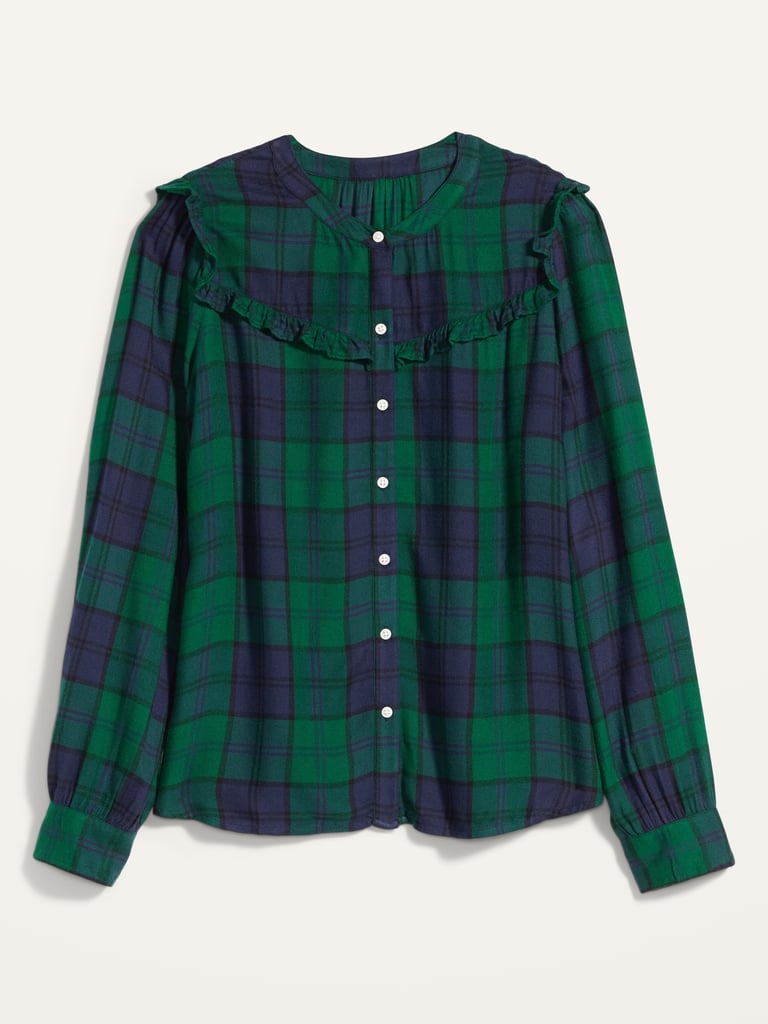 Plaid Ruffle-Yoke Flannel Shirt For Women