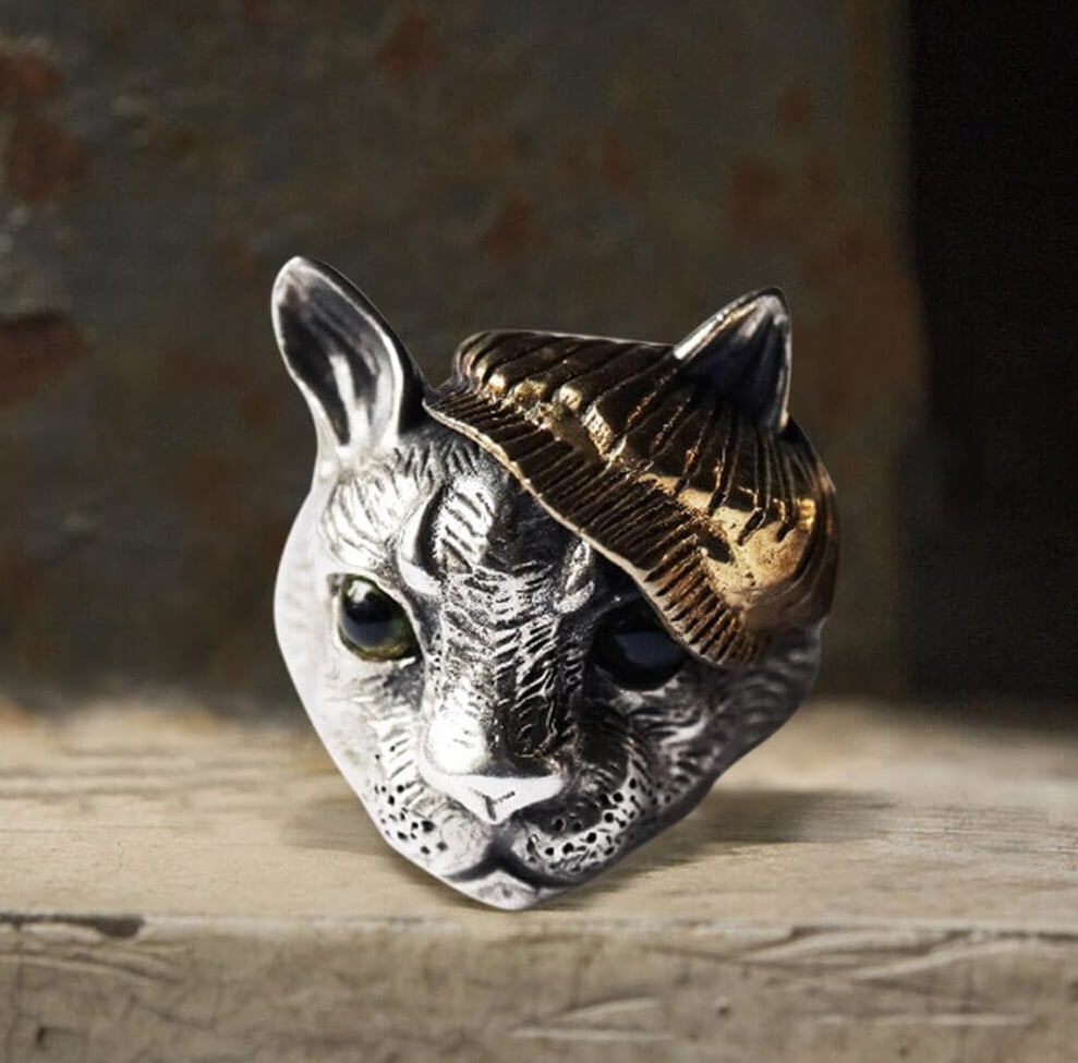 Gthic Gentleman Cat Crystal Cat's Eyes Sterling Silver Ring