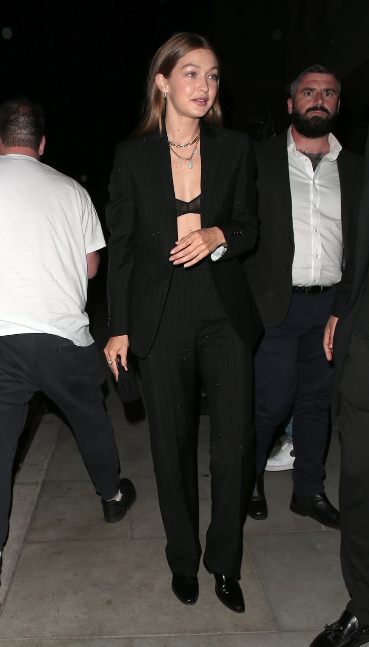 Gigi Hadid Wearing a Black Suit and Bra in London | Gigi Hadid Wearing ...