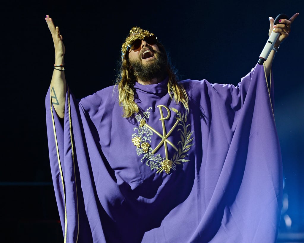 Jared Leto got theatrical when he took center stage for a performance with his band Thirty Seconds to Mars in West Palm Beach, FL, on Friday.