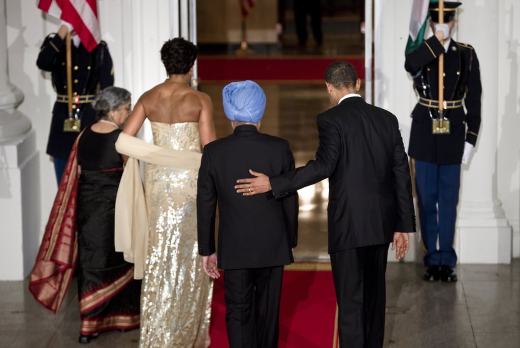 Barack and Michelle helped their guests inside from the North Portico of the White House in 2009.