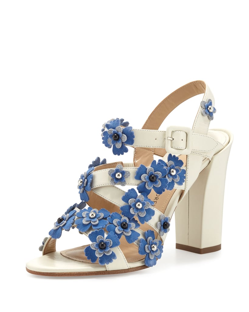 Paul Andrew Lotus Floral Crisscross Sandal, White/Blue/Quartz ($1,045)