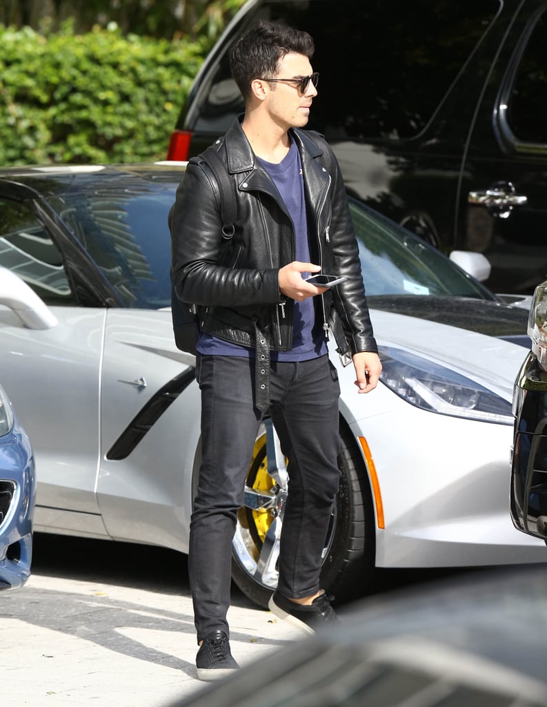 What humidity? Joe Jonas donned a leather jacket in Miami on Tuesday.