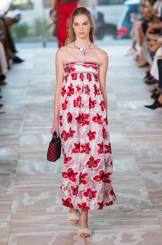 She's also worn many a strapless maxi, and we think she'd love the bold florals on this Spring number from Tory.
Tory Burch Spring 2017.