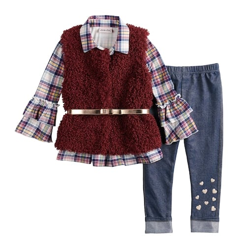 Little Lass Plaid Ruffle Henley, Faux-Fur Vest & Jeggings Set