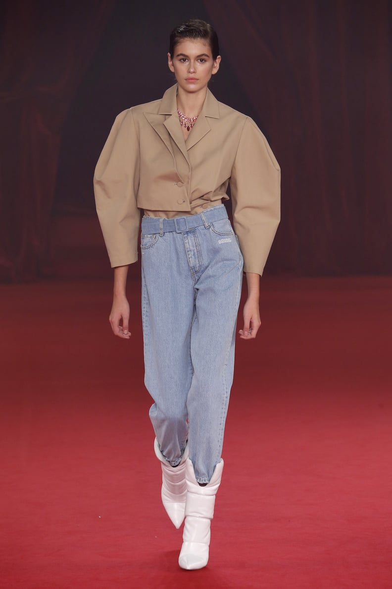Kaia Walked the Off-White Runway in a Structural Blouse and High-Waisted Denim