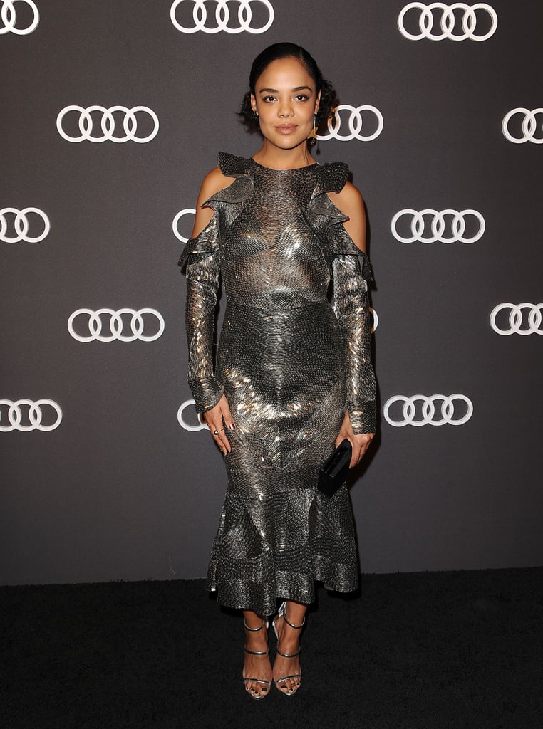 Tessa Thompson Wearing a Beaded Cold-Shoulder Dress in 2017 | See Tessa