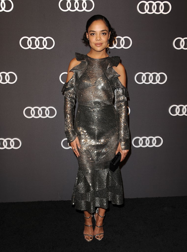 Tessa Thompson Wearing a Beaded Cold-Shoulder Dress in 2017