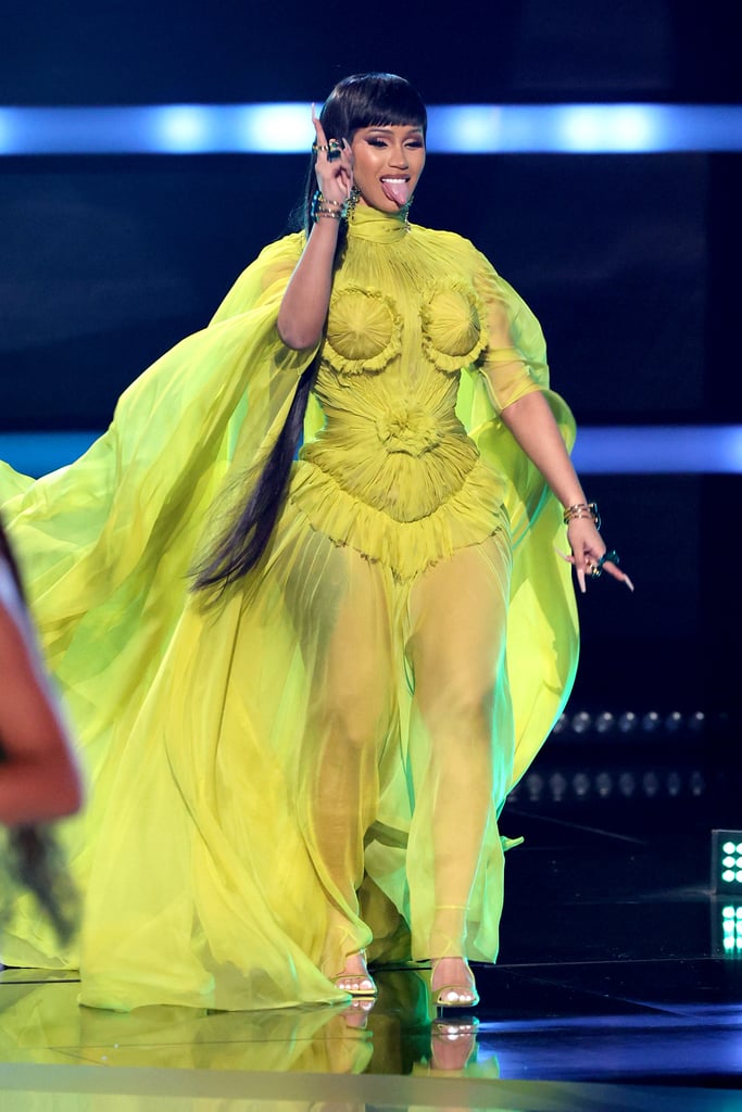 Cardi delivered a welcome splash of color when she changed into this stunning chartreuse gown featuring ruffles and a sheer skirt. The design is a custom couture piece by Jean Paul Gaultier.