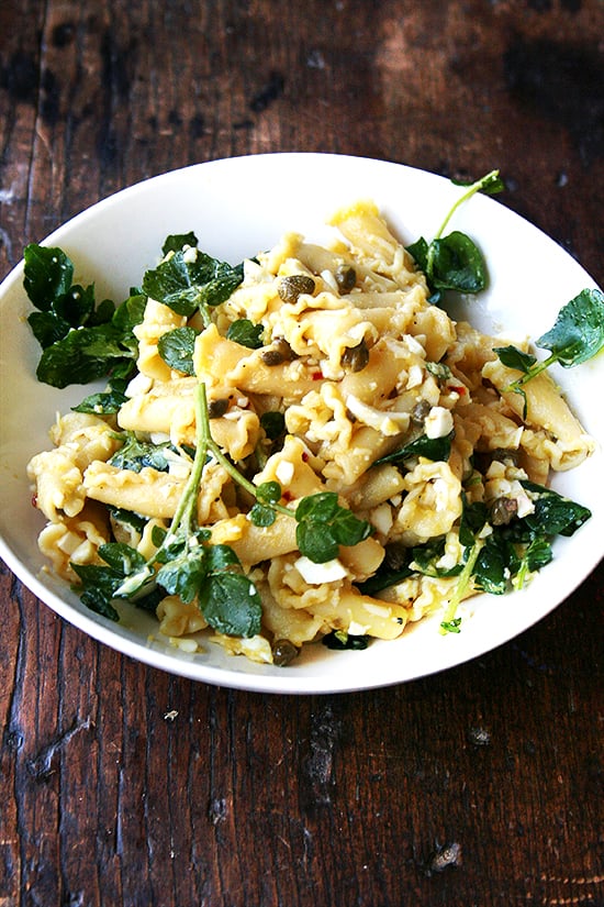 Easy Vegetarian Recipe: Campanelle With Hard-Boiled Eggs, Capers, and Watercress