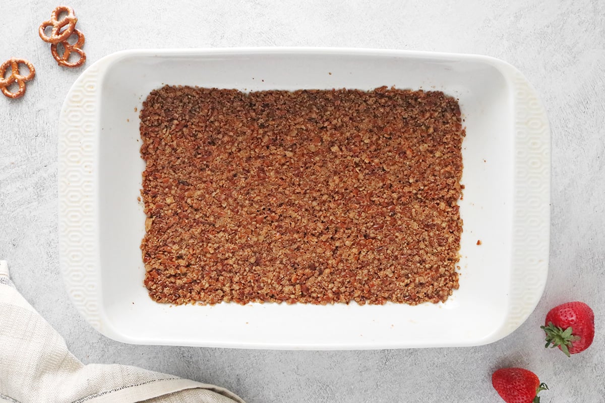 Pretzel crust in a baking dish