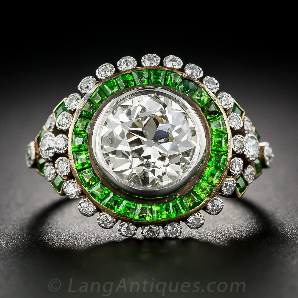 2.33 Carat European-Cut Diamond Ring With Demantoid Garnets