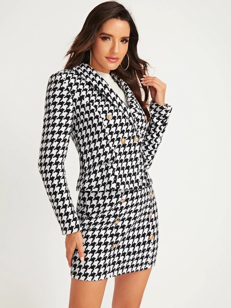 Shein Shawl Collar Houndstooth Print Blazer and Bodycon Skirt Set