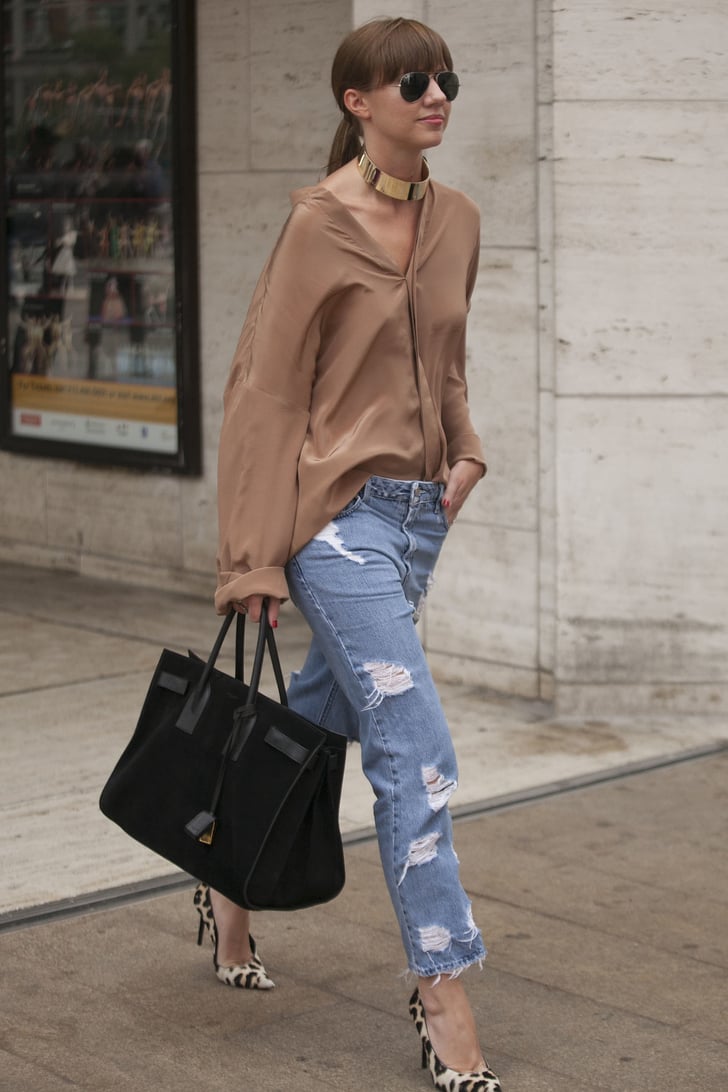 With a Silky Blouse Boyfriend Jeans Outfit Ideas POPSUGAR Fashion