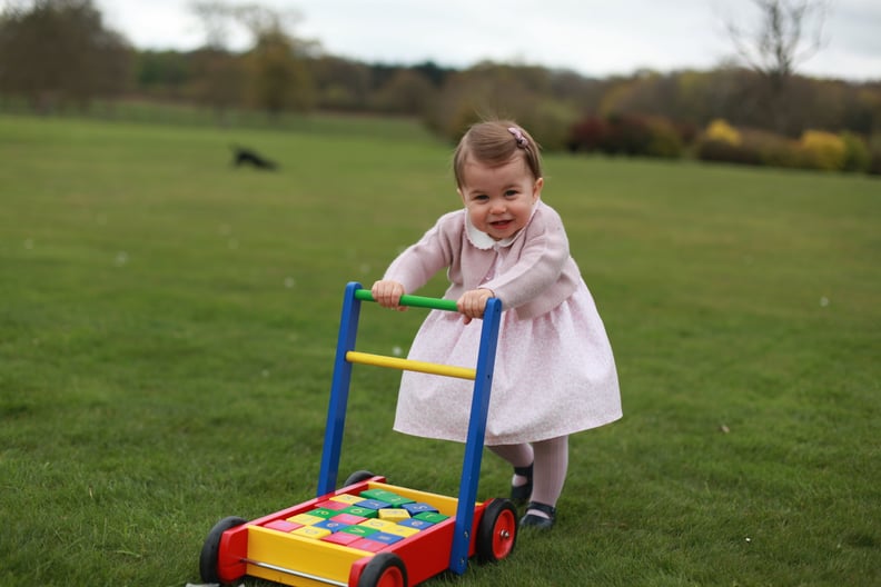 ANMER HALL, ENGLAND - APRIL 2016:  In this undated handout photo provided by HRH The Duke and Duchess of Cambridge released on May 1, 2016, Princess Charlotte of Cambridge looks on as she walks while pushing her toy blocks across the lawn outside as her m