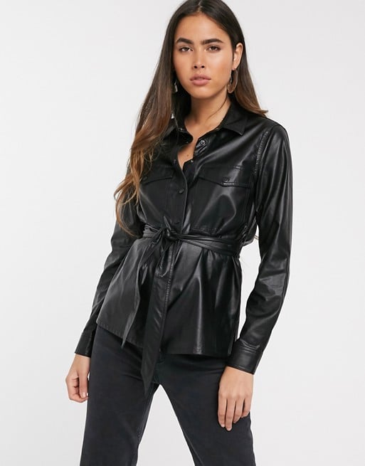 Stradivarius Faux Leather Shirt With Tie Waist