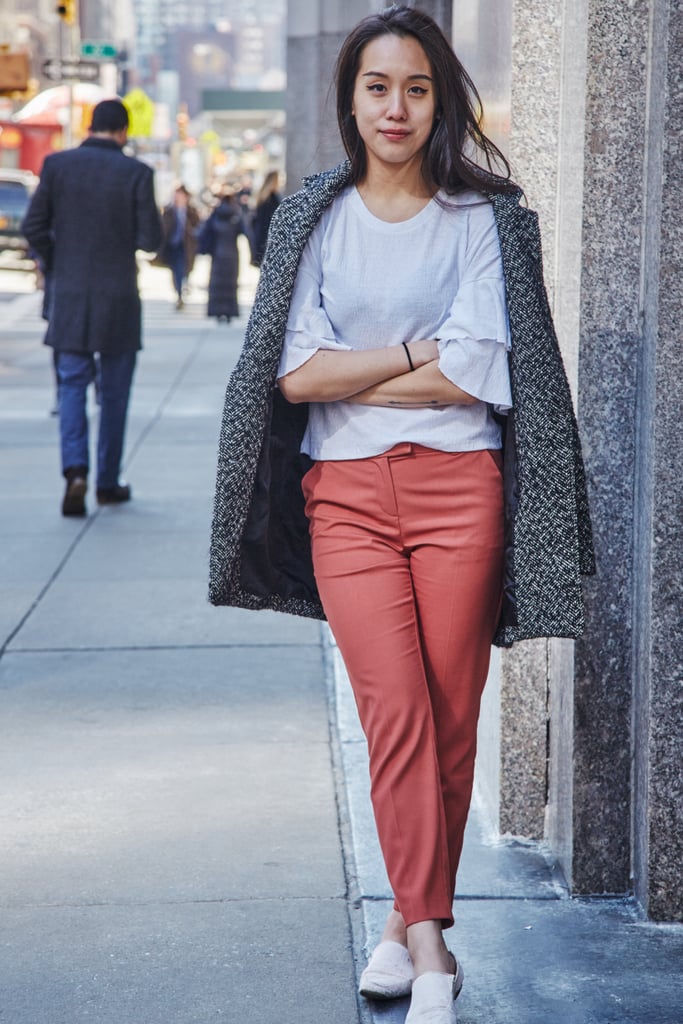 On Assistant Editor Marina Liao: Abercrombie & Fitch jacket, ASOS trousers, and Zara flats