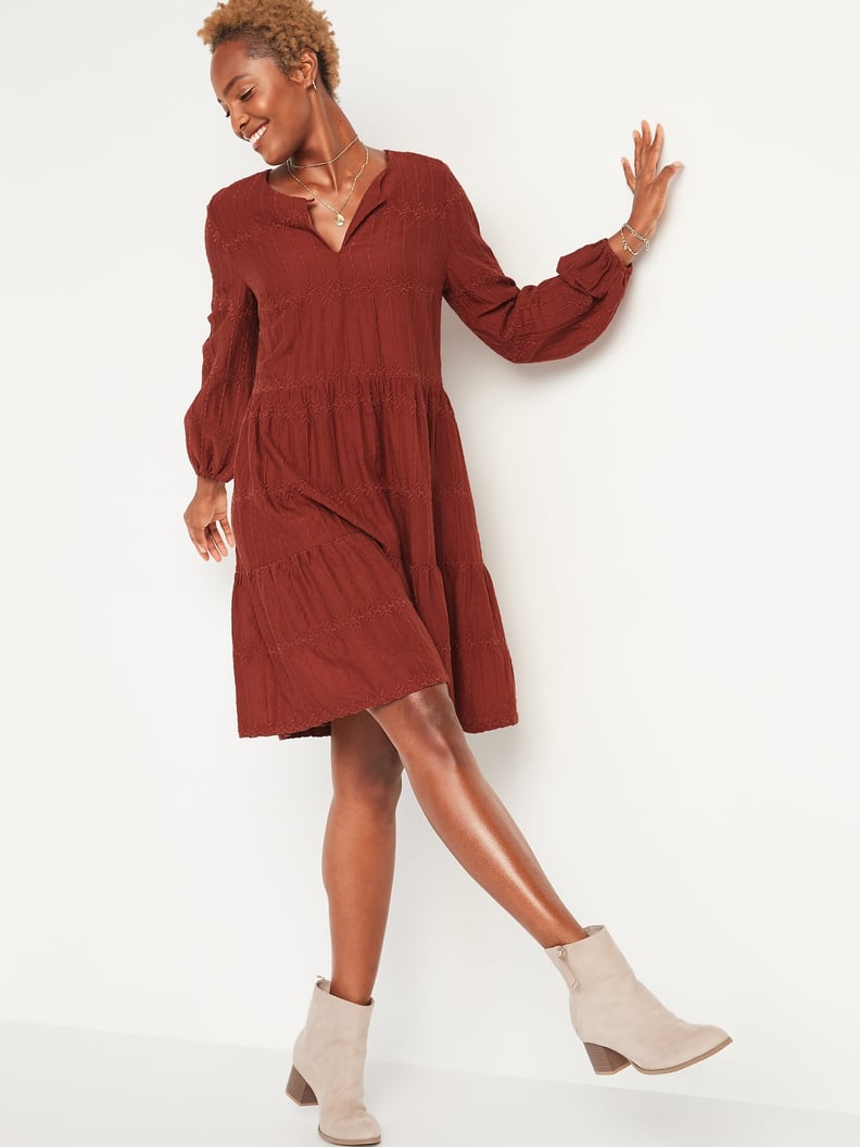 Embroidered Tiered-Hem Swing Dress