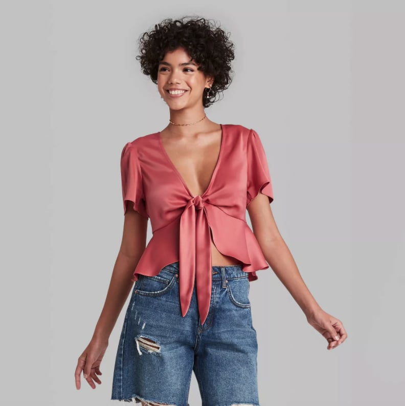 Wild Fable Puff Short Sleeve Tie-Front Super Cropped Top