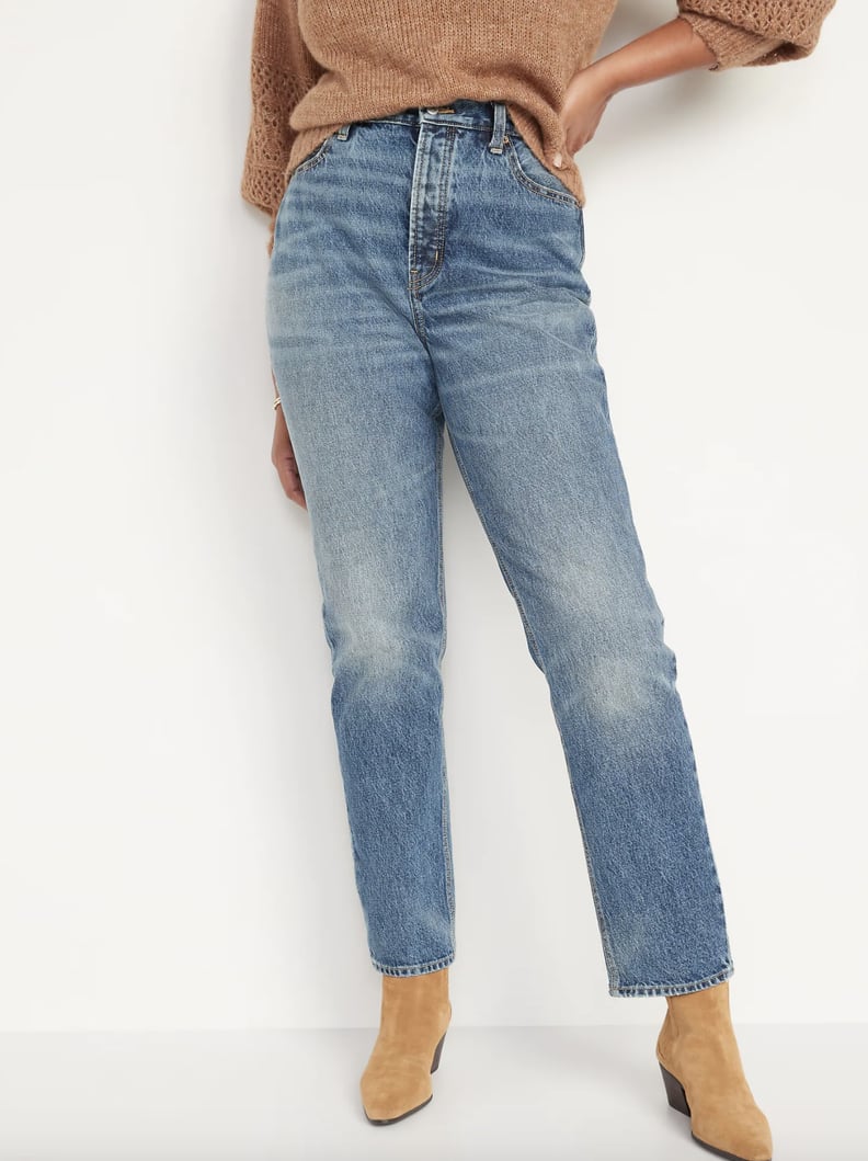 Old Navy Extra High-Waisted Button-Fly Sky Hi Straight Non-Stretch Cropped Jeans