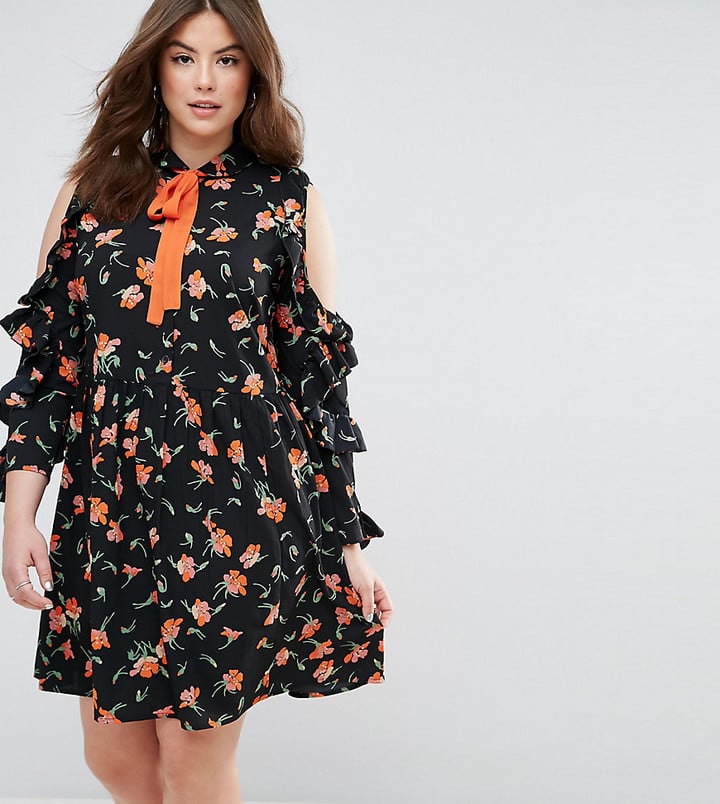 Asos Floral Skater Dress with Frill Cold Shoulder