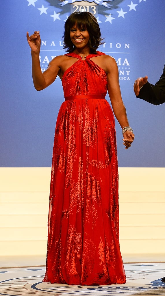 Michelle Obama wearing a Jason Wu dress at the Inaugural Ball in 2013.