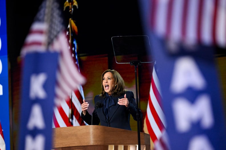 US Vice President Kamala Harris speaks during the Democratic National Convention at the United Center in Chicago, Illinois.