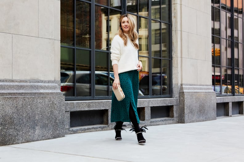 Affordable & Festive Outfit Formula: Midi Dress + Sweater + Heels + Tights + Clutch + Jewelry