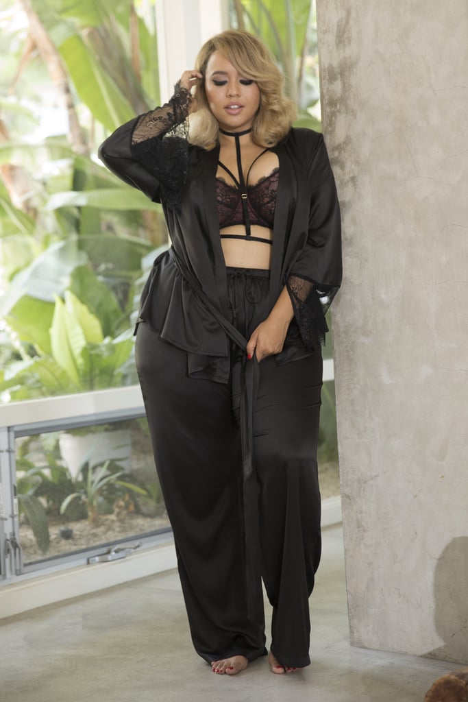 On Gabi: Satin PJ Set ($78) and Lace Harness Bra ($46).