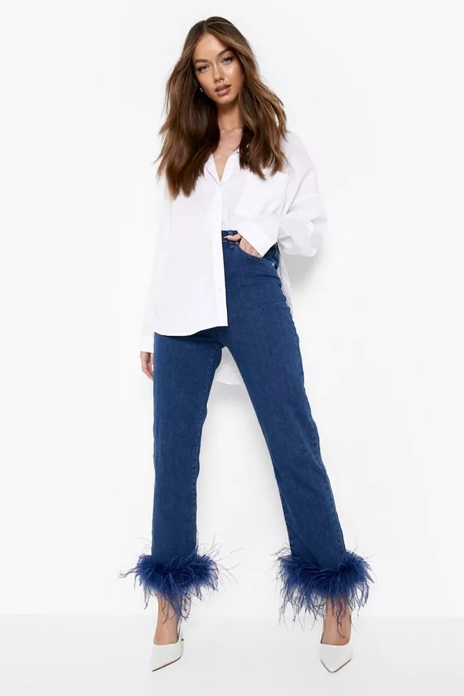 August Must Have: Boohoo Feather-Trim High-Waist Straight-Leg Jeans
