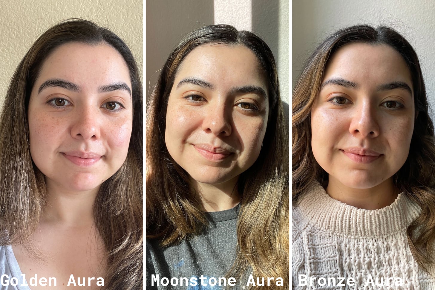 A Collage of a Woman Wearing Three Shades of the Keys Soulcare Let Me Glow Serum
