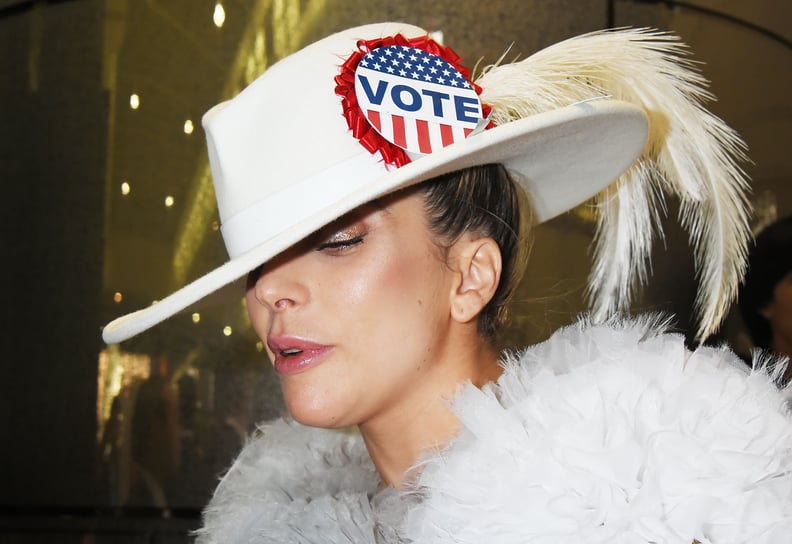 Back in November, Lady Gaga Made Sure to Remind People to Vote by Adding a Pin to Her White Hat