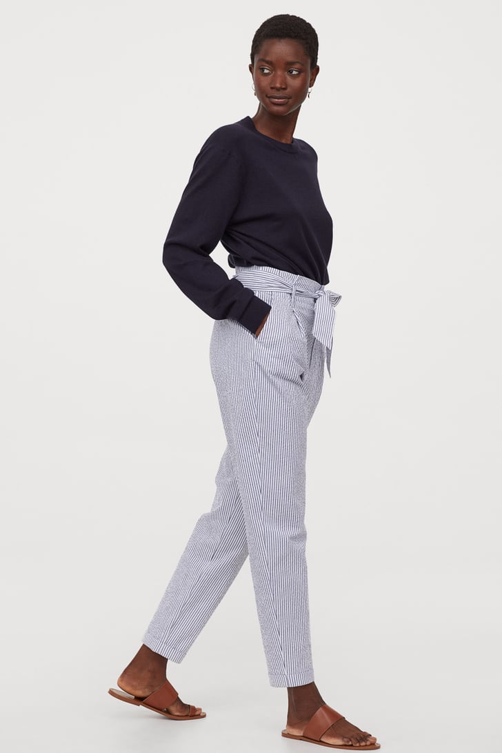 Blue and white paper bag pants clearance